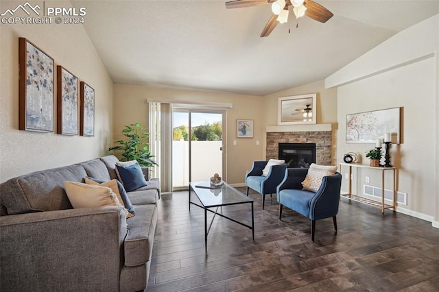 living room with a fireplace, dark wood-type flooring, ceiling fan, and lofted ceiling