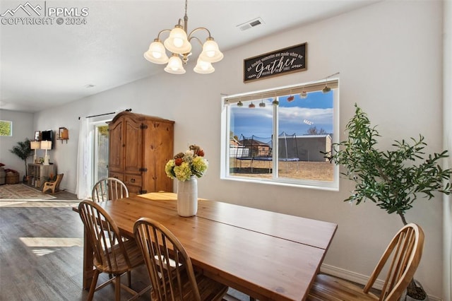 dining room featuring a chandelier, wood-type flooring, and a healthy amount of sunlight