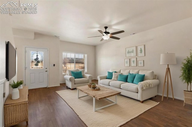 2616 Gilpin Ave, Colorado Springs, CO 80910 - living area with wood finished floors, ceiling fan, and baseboards