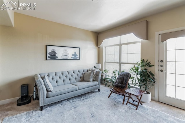 living room with a wealth of natural light and carpet floors