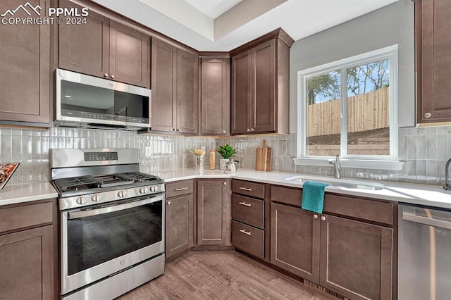 kitchen featuring sink, backsplash, light hardwood / wood-style floors, stainless steel appliances, and dark brown cabinetry