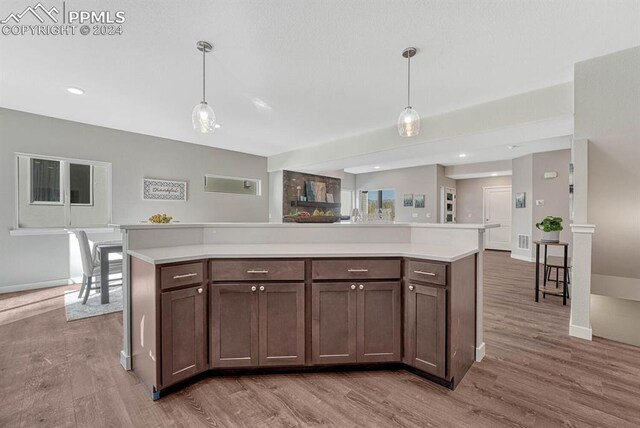 kitchen featuring tasteful backsplash, light wood-type flooring, dark brown cabinets, stainless steel appliances, and decorative light fixtures