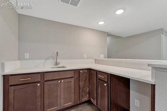 kitchen featuring sink, dark brown cabinetry, dark wood-type flooring, and kitchen peninsula