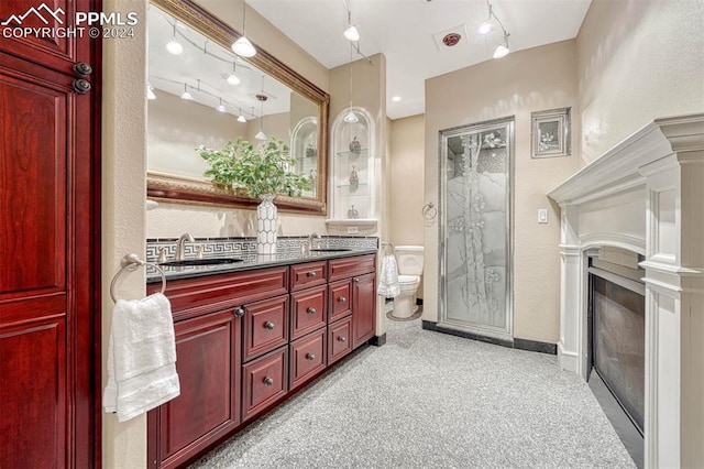 bathroom with vanity, track lighting, toilet, and an enclosed shower