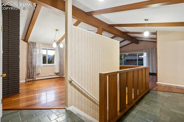 hall featuring dark wood-type flooring, lofted ceiling with beams, and a baseboard heating unit