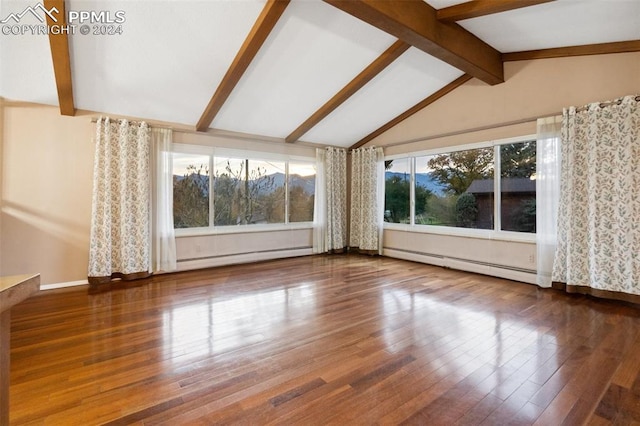 unfurnished living room with hardwood / wood-style flooring, lofted ceiling with beams, and a baseboard heating unit