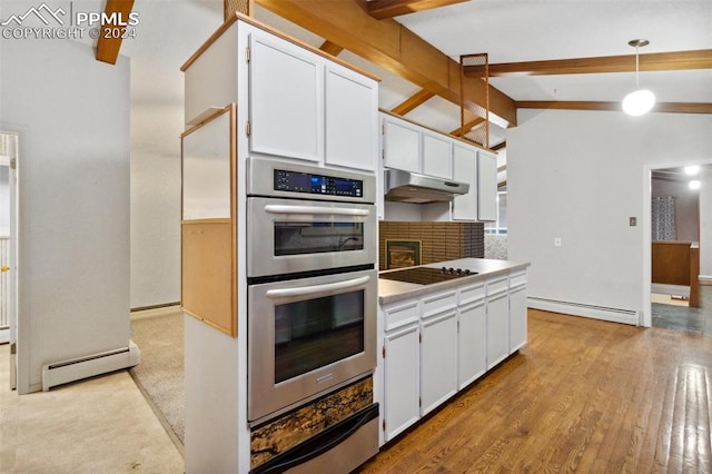 kitchen with white cabinetry, double oven, hanging light fixtures, and a baseboard radiator