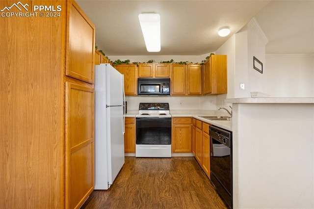 kitchen with black appliances, dark wood-type flooring, and sink