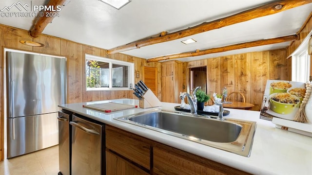 kitchen with sink, appliances with stainless steel finishes, wooden walls, and a healthy amount of sunlight