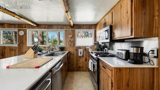 kitchen featuring stainless steel appliances, wood walls, plenty of natural light, and sink