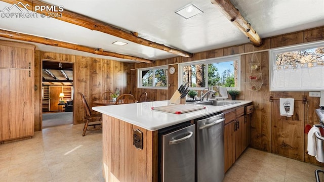 kitchen with beamed ceiling, wooden walls, sink, and kitchen peninsula