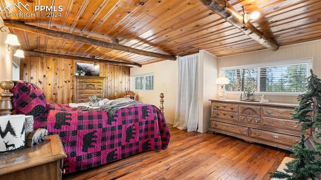 bedroom with hardwood / wood-style floors, wooden ceiling, beamed ceiling, and wooden walls