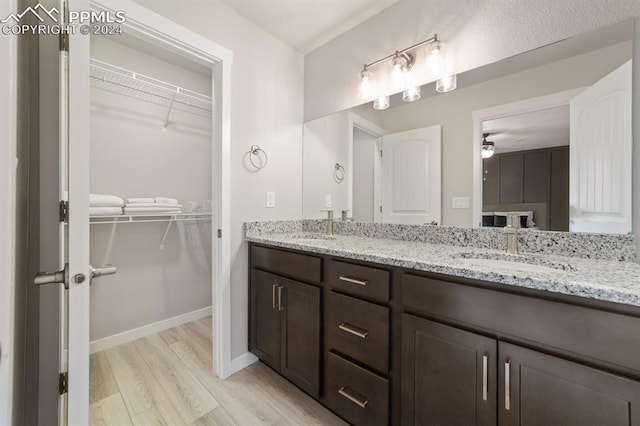 bathroom featuring vanity, ceiling fan, and hardwood / wood-style flooring