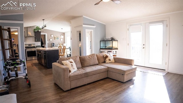 living room featuring lofted ceiling, ceiling fan, dark hardwood / wood-style flooring, a textured ceiling, and french doors