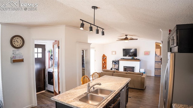 kitchen with lofted ceiling, dark wood-type flooring, sink, decorative light fixtures, and appliances with stainless steel finishes