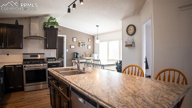 kitchen with wall chimney range hood, appliances with stainless steel finishes, vaulted ceiling, dark hardwood / wood-style floors, and sink