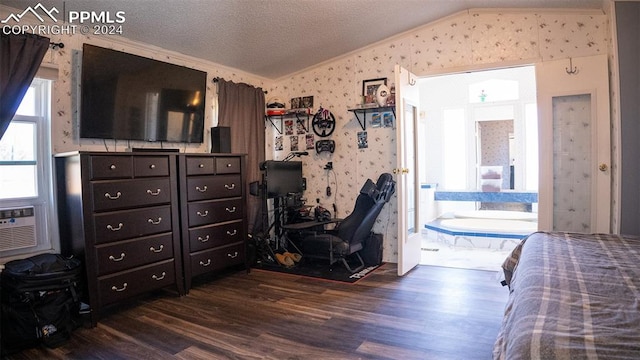 bedroom with a textured ceiling, vaulted ceiling, dark hardwood / wood-style floors, and ornamental molding