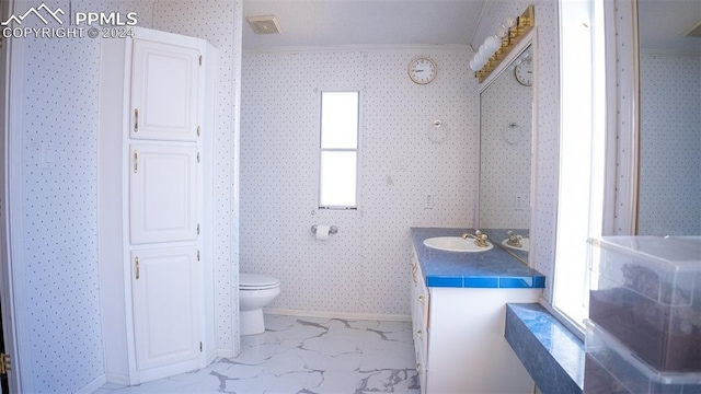 bathroom with vanity, toilet, crown molding, and plenty of natural light