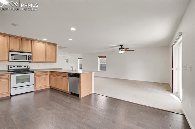 kitchen featuring dark wood-type flooring, kitchen peninsula, stainless steel appliances, and a healthy amount of sunlight