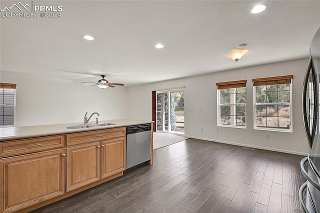 kitchen with ceiling fan, appliances with stainless steel finishes, sink, and dark hardwood / wood-style floors