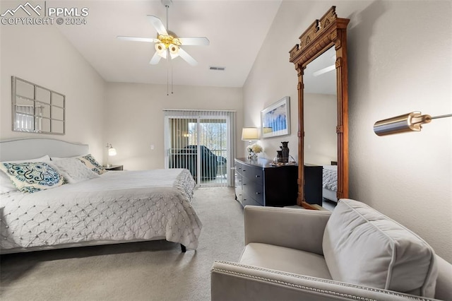 carpeted bedroom with ceiling fan, access to exterior, and vaulted ceiling