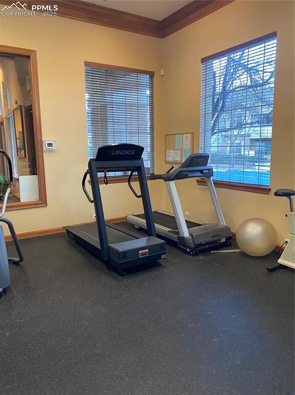 workout area with crown molding