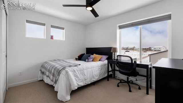 carpeted bedroom with multiple windows and ceiling fan