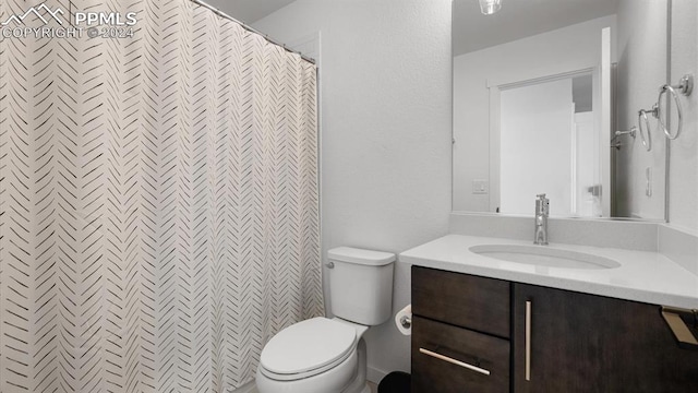 bathroom with vanity, curtained shower, and toilet