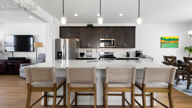 kitchen with hardwood / wood-style floors, sink, stainless steel appliances, and a kitchen island with sink