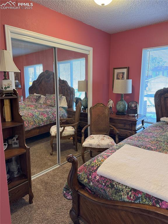 carpeted bedroom featuring multiple windows, a textured ceiling, and a closet