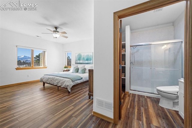 bedroom with ceiling fan and dark wood-type flooring