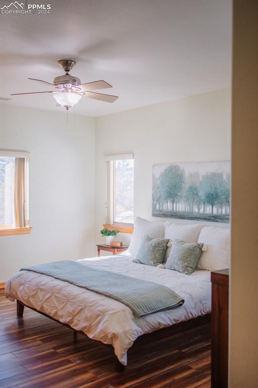 bedroom with ceiling fan, dark wood-type flooring, and multiple windows