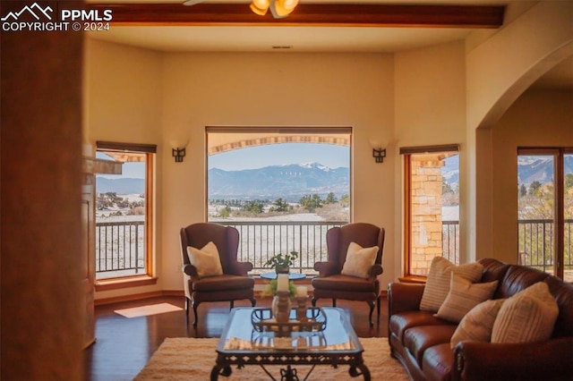 interior space featuring a mountain view and beam ceiling