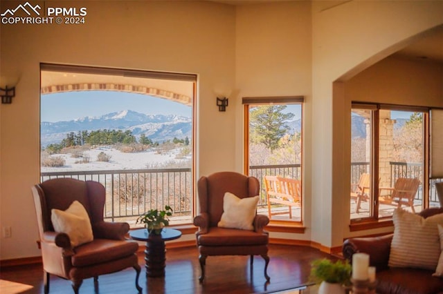 living area featuring a wealth of natural light, a mountain view, and wood-type flooring