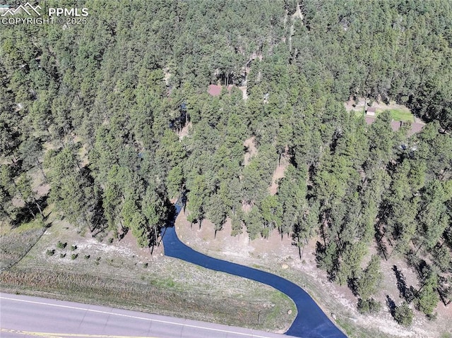 bird's eye view with a wooded view
