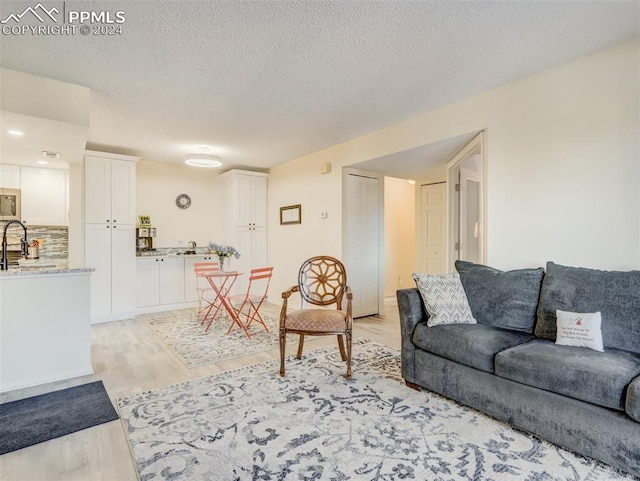 living room with light hardwood / wood-style floors and a textured ceiling