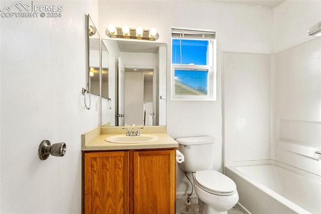 full bathroom with vanity, tub / shower combination, and toilet