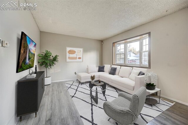 living room with light wood-type flooring and a textured ceiling