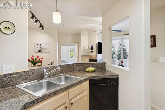 kitchen featuring dishwasher, sink, rail lighting, light brown cabinetry, and decorative light fixtures