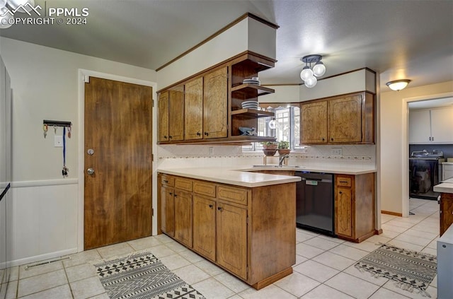 kitchen featuring sink, kitchen peninsula, light tile patterned floors, backsplash, and dishwasher