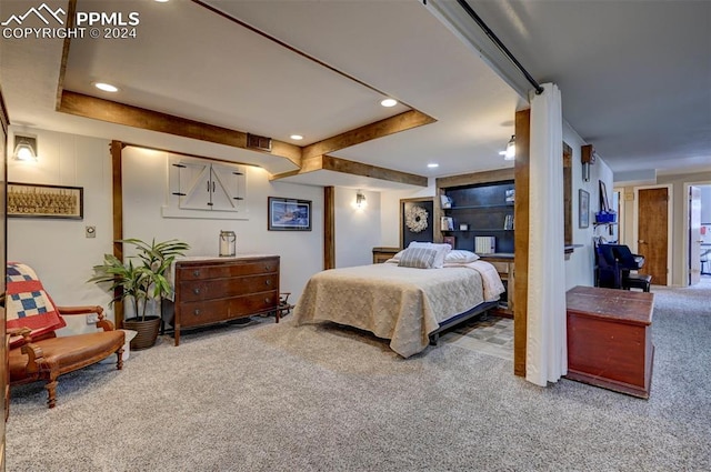 carpeted bedroom with a raised ceiling