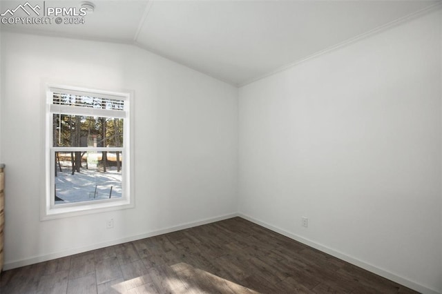 unfurnished room with lofted ceiling and dark wood-type flooring