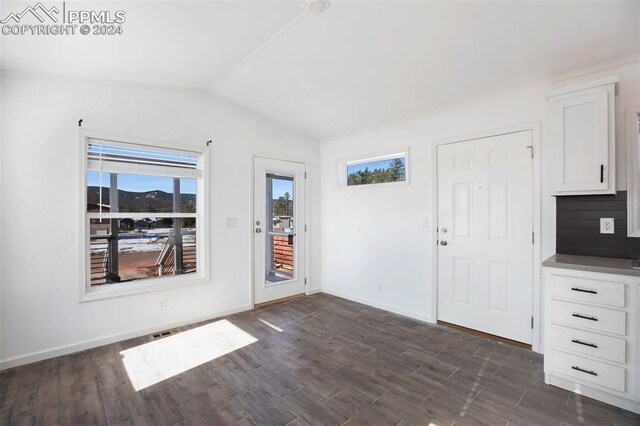 interior space featuring lofted ceiling and dark wood-type flooring