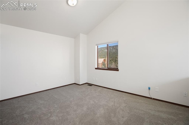 carpeted empty room with high vaulted ceiling