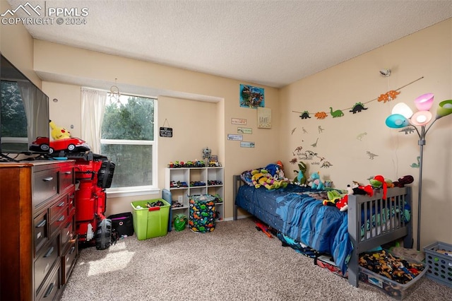 bedroom featuring carpet and a textured ceiling