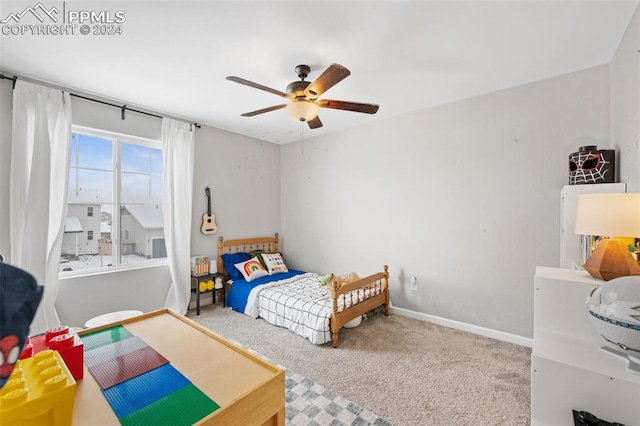 bedroom featuring carpet flooring and ceiling fan