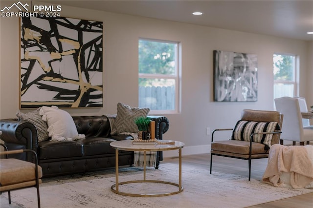 living area with a wealth of natural light and hardwood / wood-style flooring