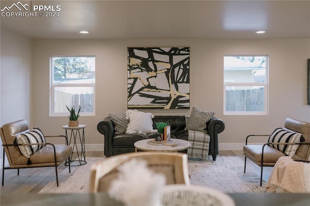 living area featuring light wood-type flooring and a fireplace