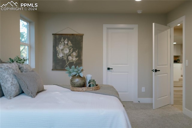 bedroom featuring light colored carpet