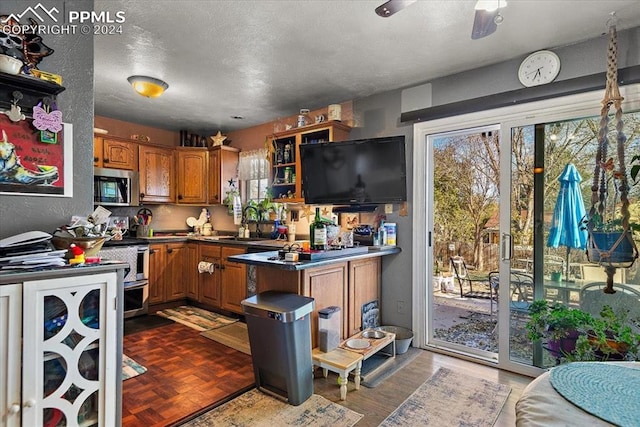 kitchen with kitchen peninsula, appliances with stainless steel finishes, a textured ceiling, ceiling fan, and sink